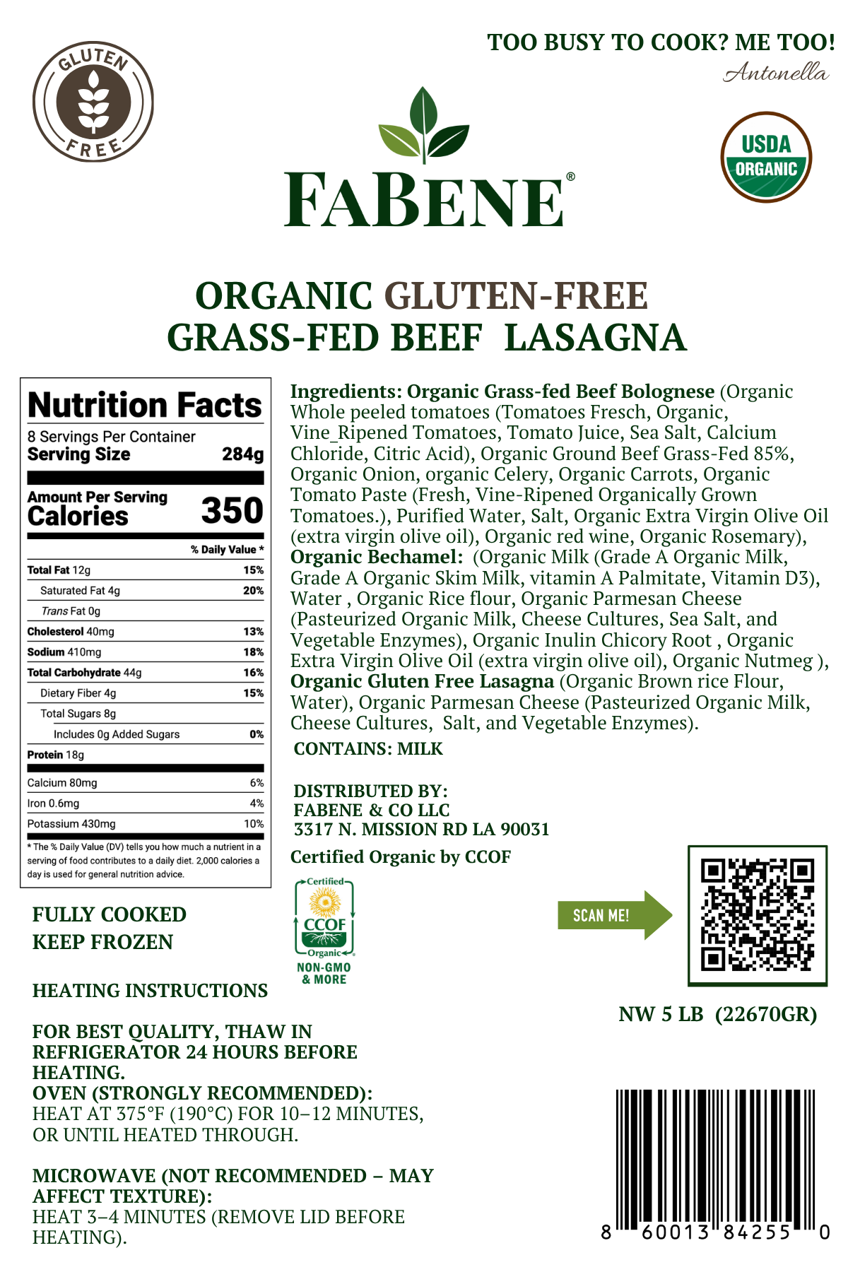 Organic Gluten-Free Beef Lasagna (100% Grass-Fed Beef, Egg-Free Pasta)