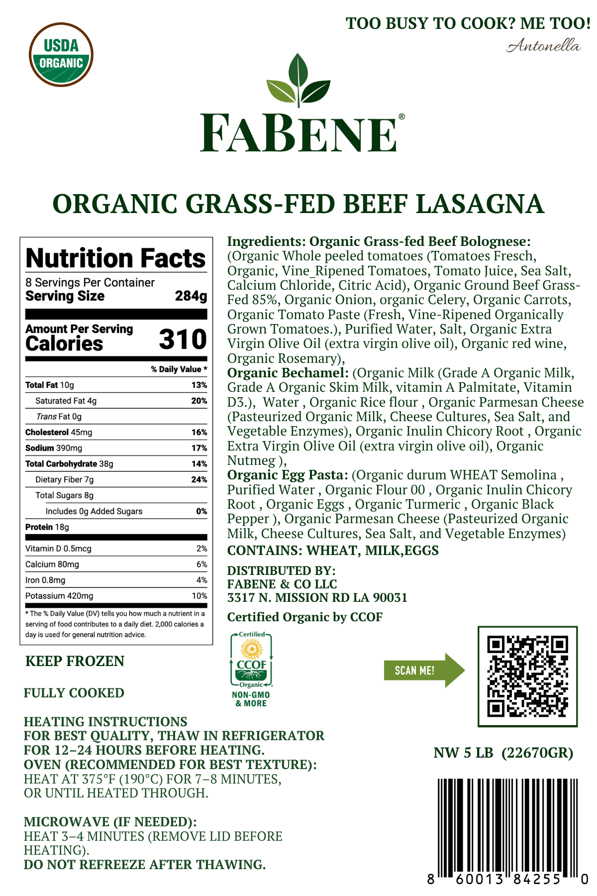 Organic Beef Lasagna with Italian Semolina Pasta (100% Grass-Fed Beef)