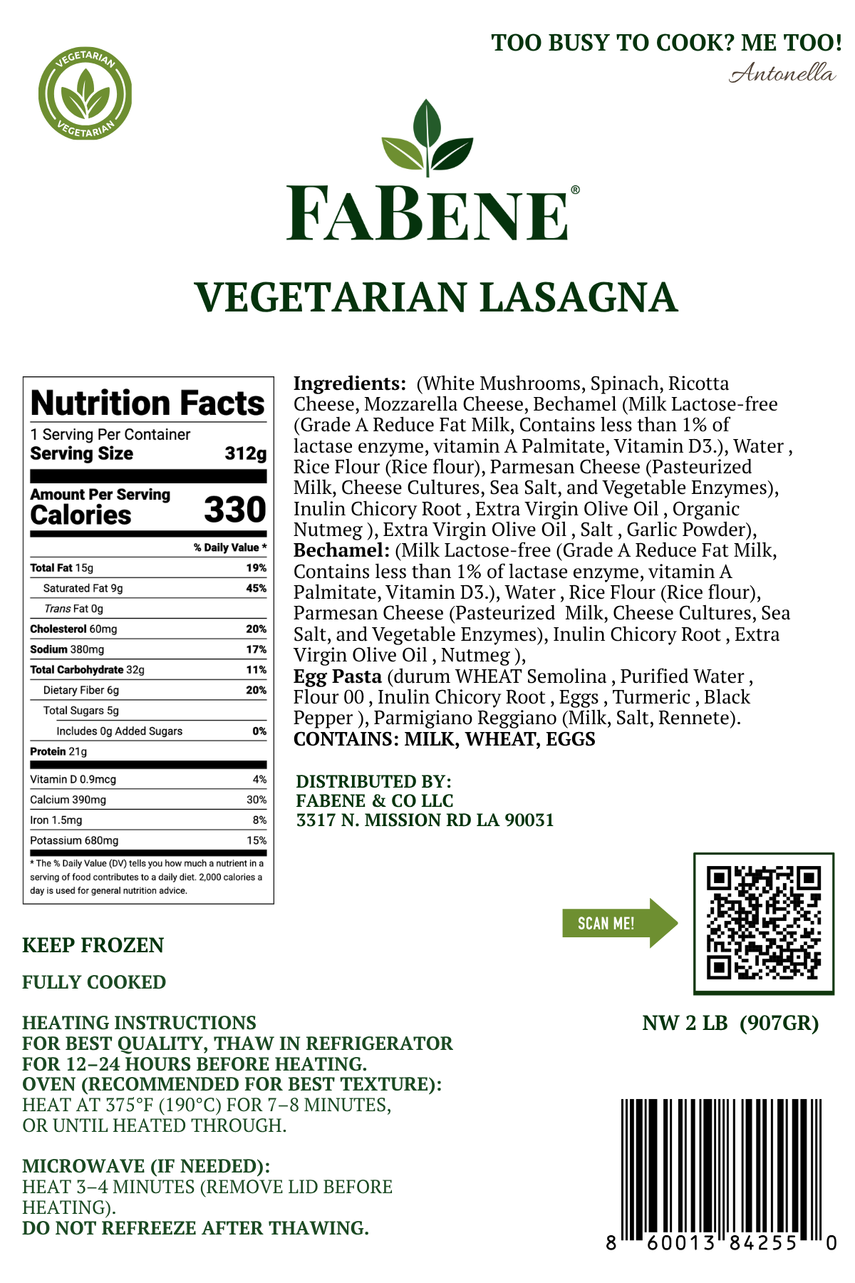 Vegetarian Lasagna with Spinach & Mushrooms (Italian Semolina Pasta)