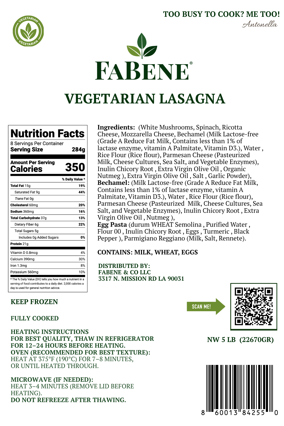 Vegetarian Lasagna with Spinach & Mushrooms (Italian Semolina Pasta)
