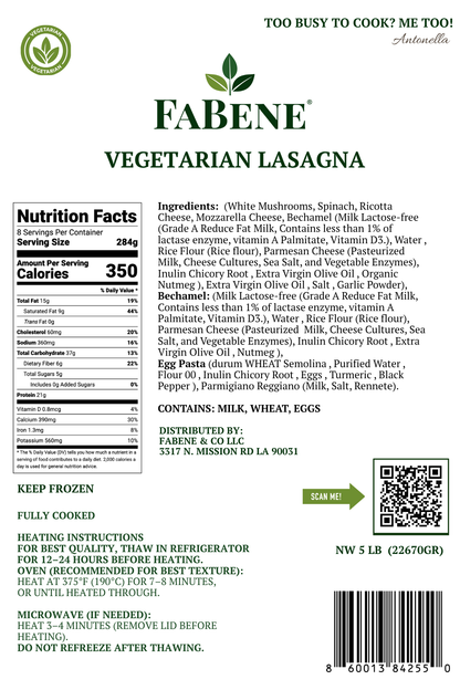 Vegetarian Lasagna with Spinach & Mushrooms (Italian Semolina Pasta)